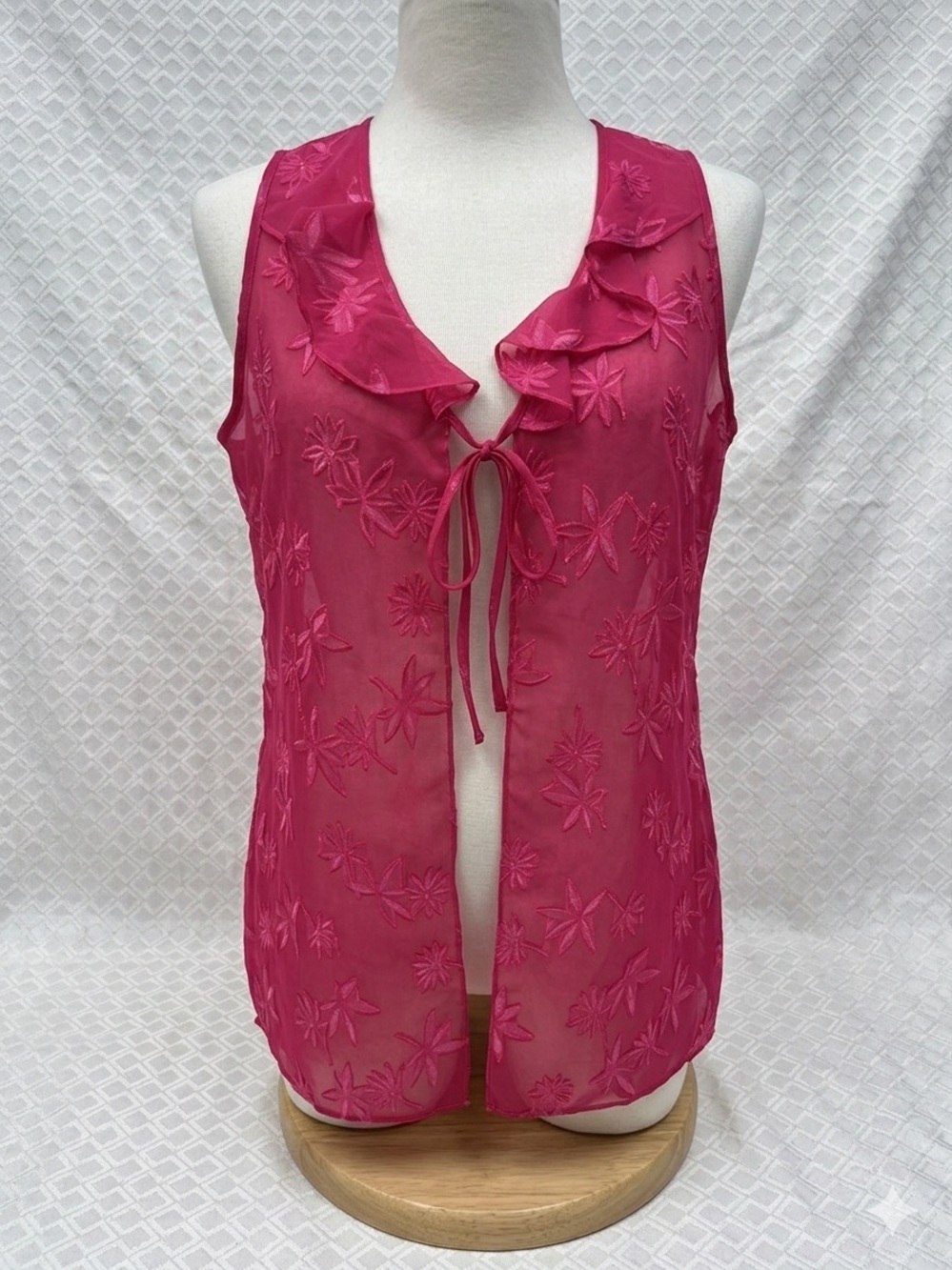Secret Treasures Women's Hot Pink Sheer Floral Ruffled Camisole
